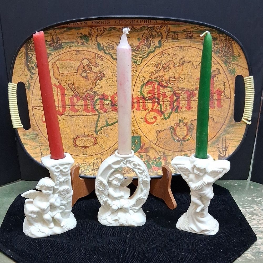Vtg. Geographical world map tray and 3 bisque "JOY" candlestick holders set